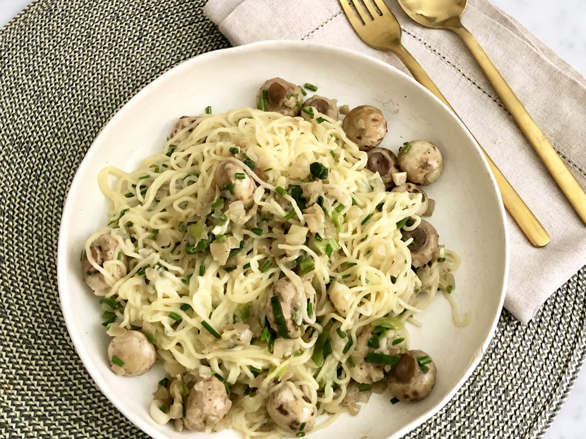 a bowl of paleo creamy mushroom pasta