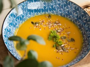 Roasted Butternut Soup in a blue bowl