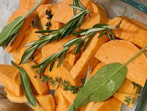 A tray of sweet potatoes with other anti-cancer ingredients.