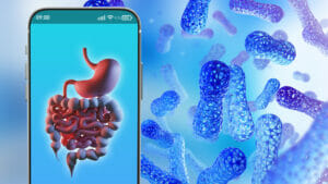 Probiotic bacteria. Beneficial substances for gastrointestinal tract. Human stomach in phone. Probiotic bacteria and microorganisms. Concept apps for taking care of body. Probiotic Immunity. 3d image