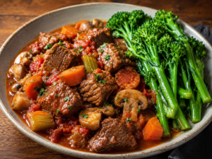 slow cooked beef stew served with tenderstem broccoli