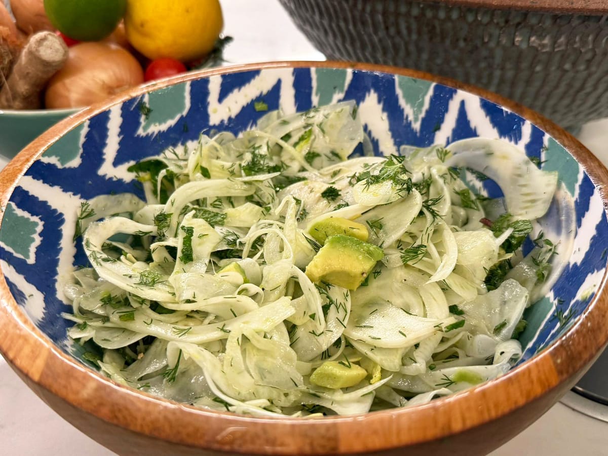 Shaved Fennel Salad with avocado and herbs in an apple cider vinaigrette