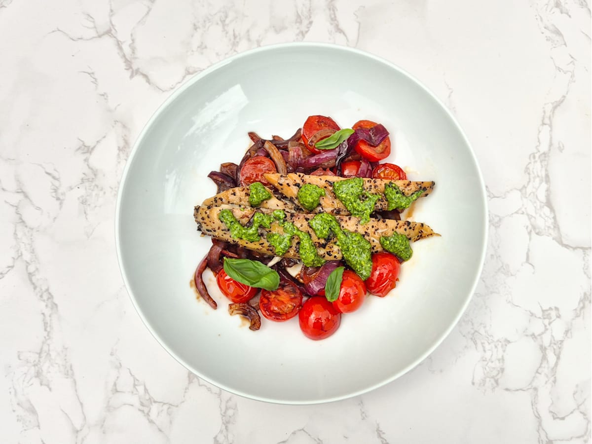 Mackerel with Red Onion and Tomatoes in Balsamic Glaze