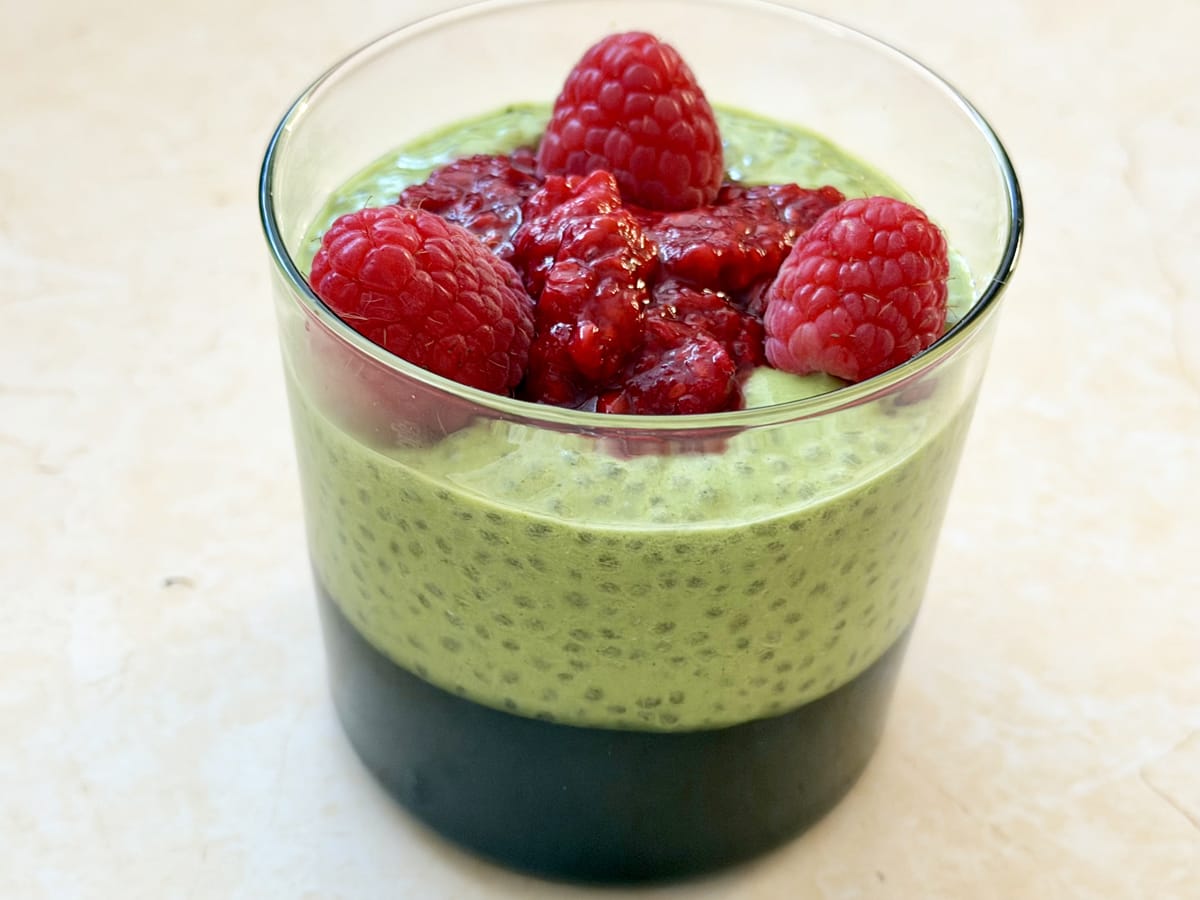 Matcha and Raspberry Chia Pot topped with fresh raspberries
