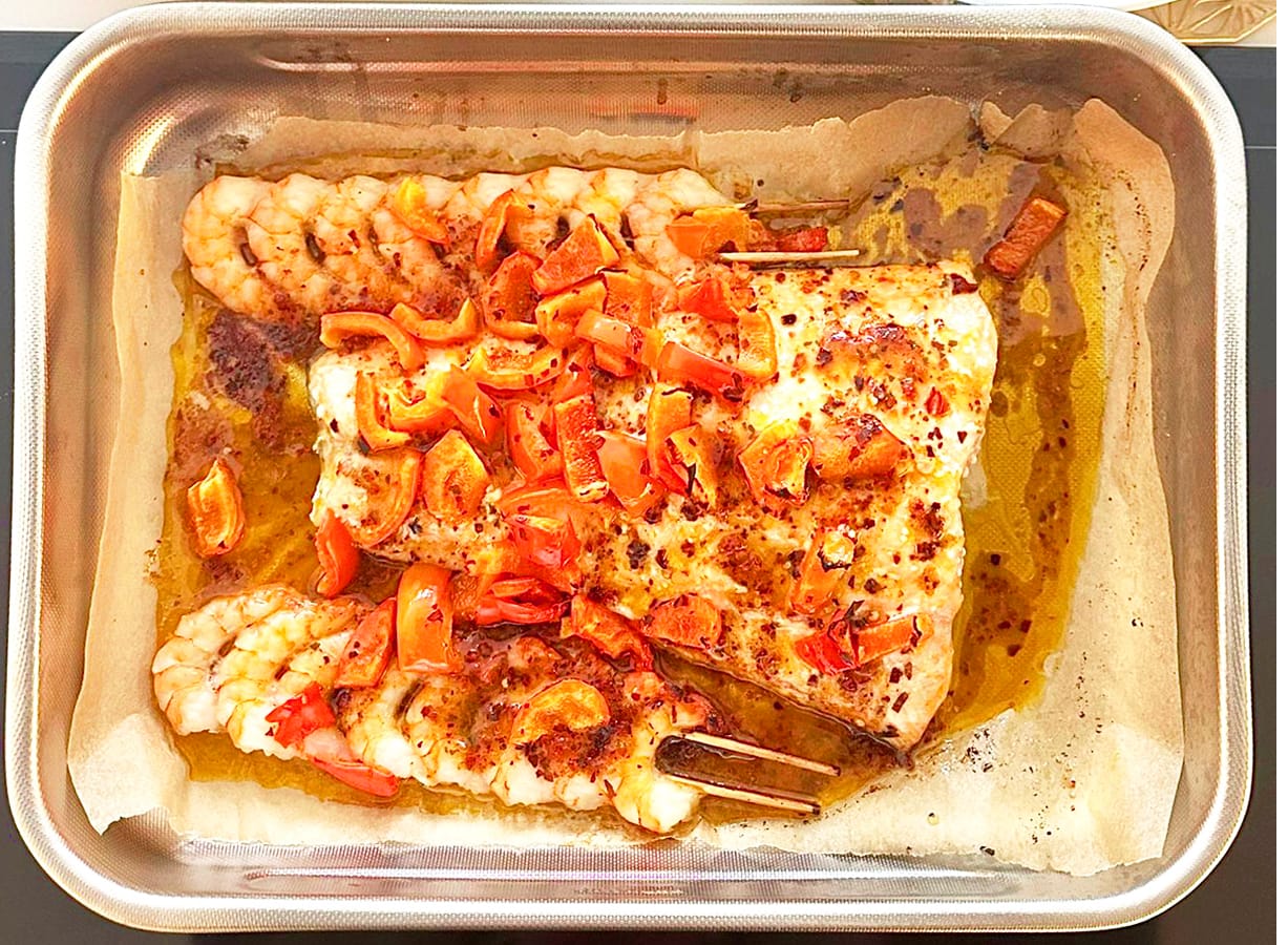Spicy Tamarind Salmon and Prawns with Lemon Roasted Bell Peppers